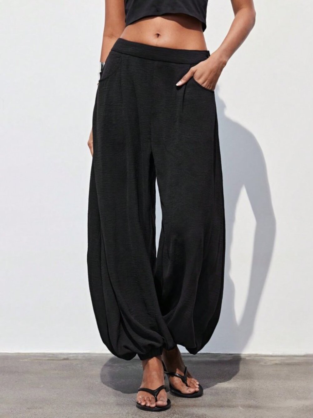 Black Woven Balloon Harem Pants with Pockets